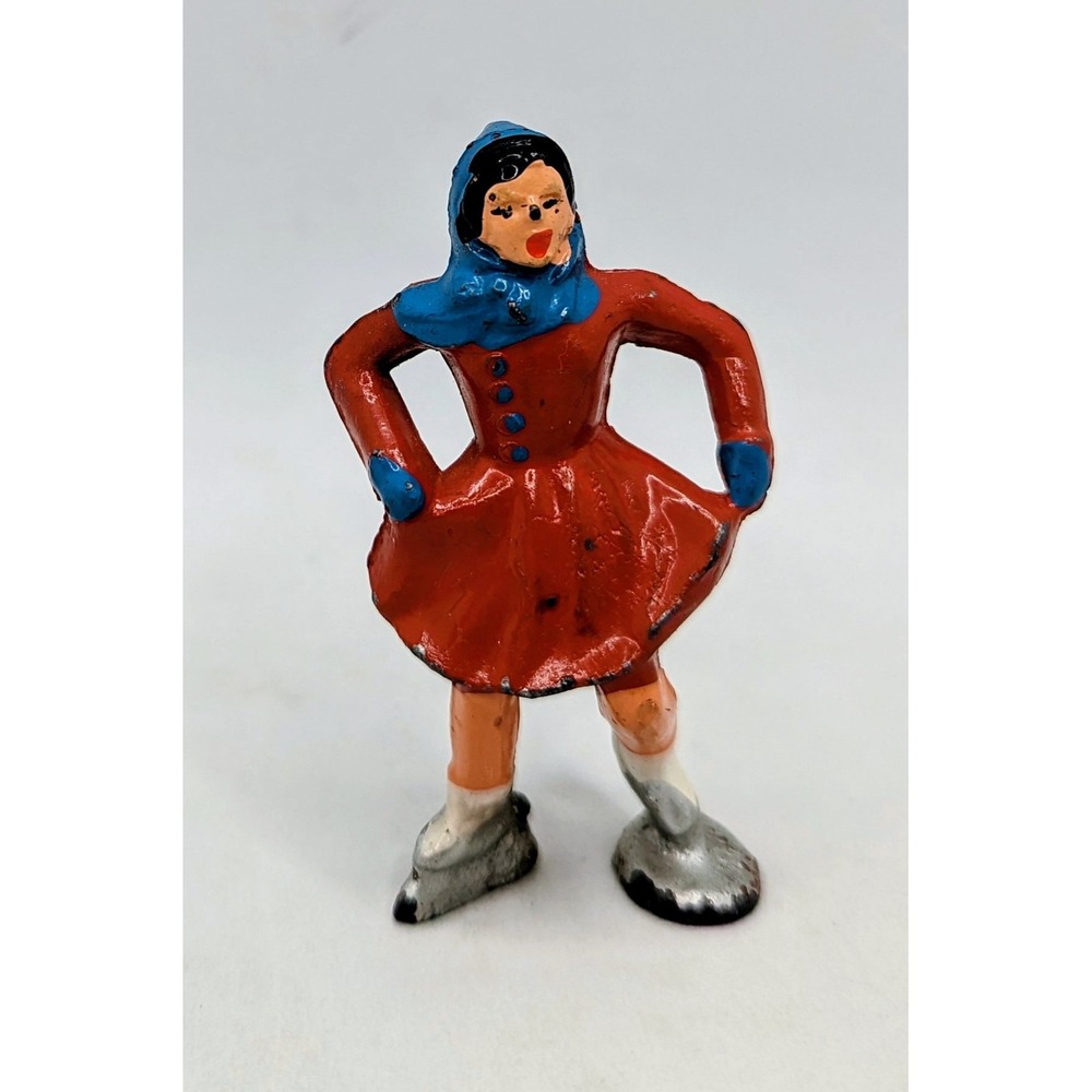 Vintage Lead Barclay Manoil Ice Skater Female Red Blue Figure